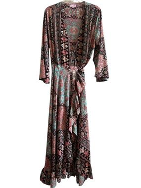 Cienna Boho Wrap Maxi Dress in Turquoise & Rose - Vintage Floral Size XL
